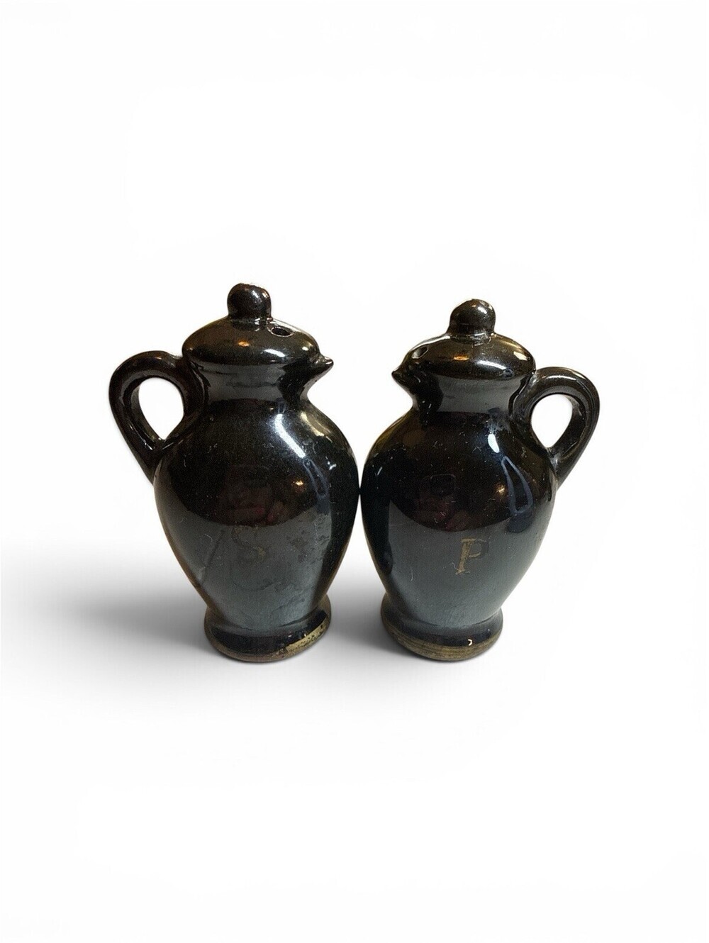 Vintage Black Pitcher Jug Salt Pepper Shaker Set Japan 3"H